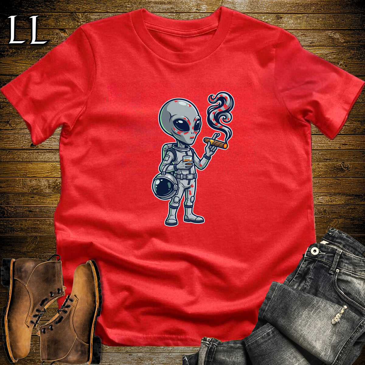 Grey Alien Whiskey Cigar T-Shirt Red | Cigar and Whiskey Shirt
