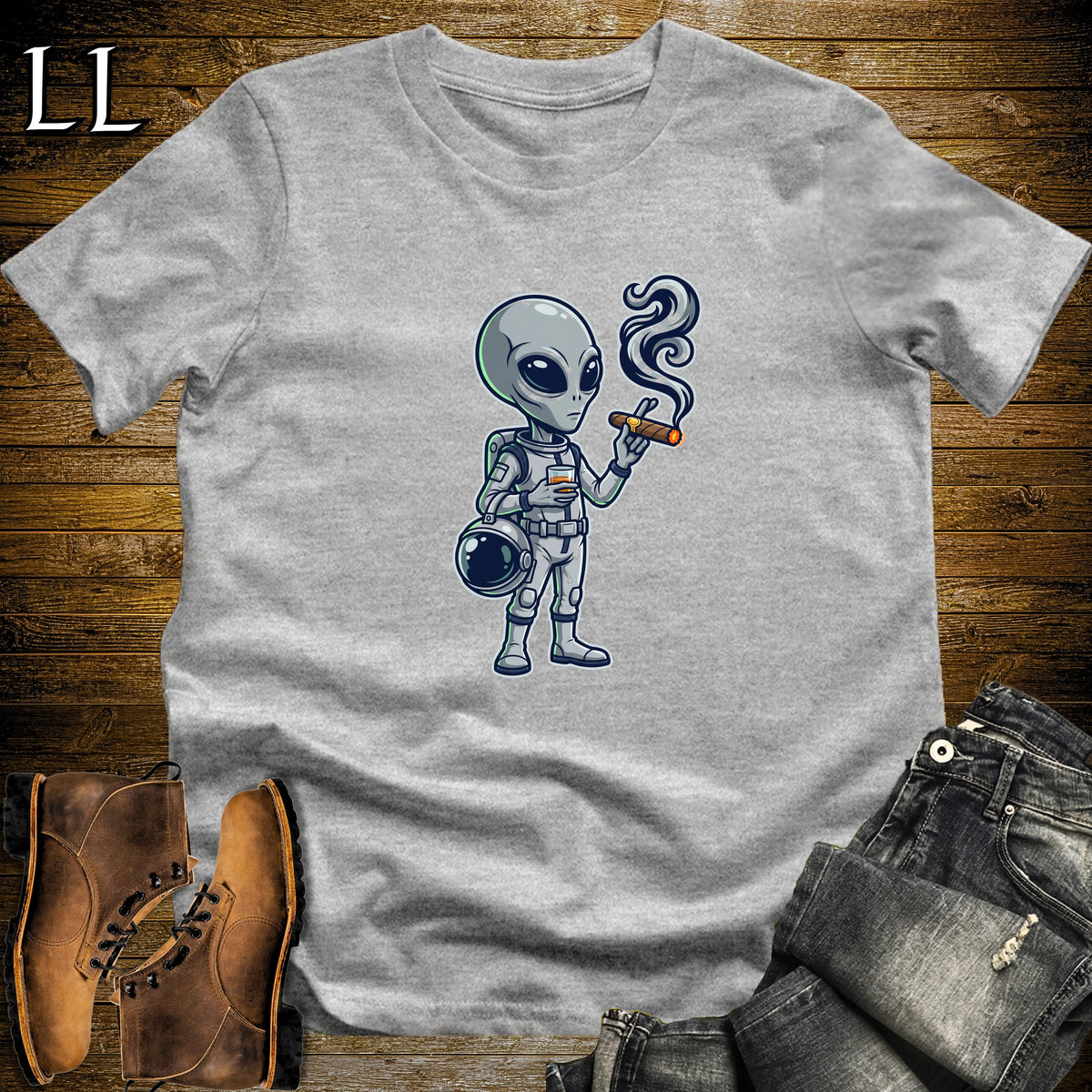 Grey Alien Whiskey Cigar T-Shirt Sport Grey | Cigar and Whiskey Shirt
