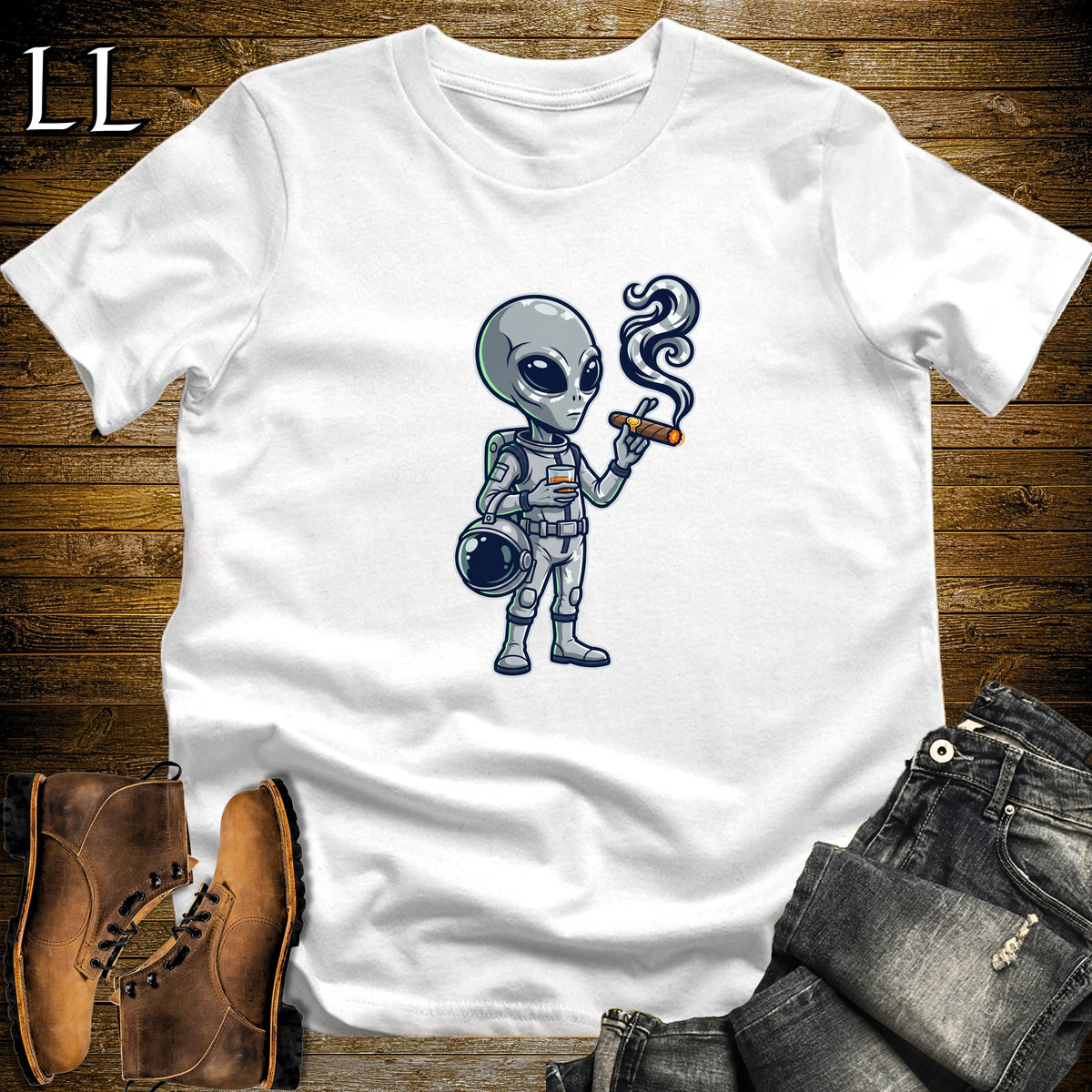 Grey Alien Whiskey Cigar T-Shirt White | Cigar and Whiskey Shirt