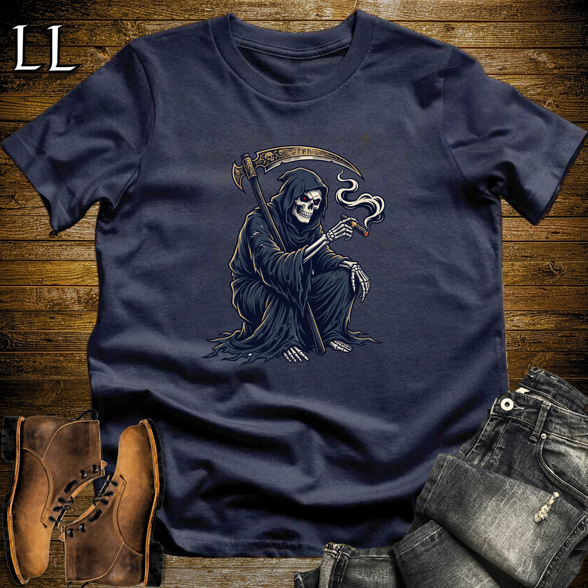 Grim Reaper Cigar Smoke Break T-Shirt Navy | Halloween Cigar Shirt