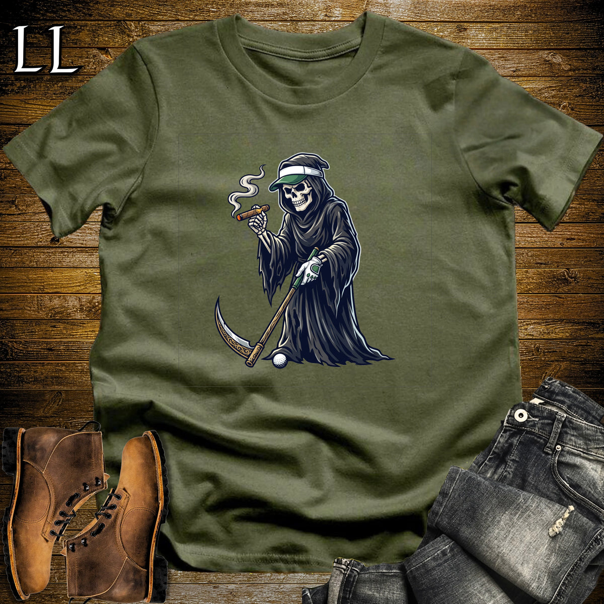 Grim Reaper Golf Links Cigar T-Shirt Military Green | Cigar Golf Gift Shirt