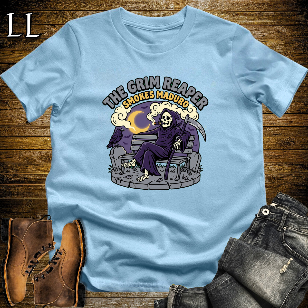 Grim Reaper Park Bench Maduro Cigar T-Shirt Light Blue | Grim Reaper Halloween Cigar Tee