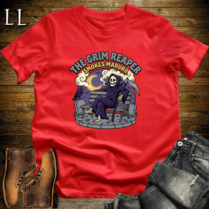Grim Reaper Park Bench Maduro Cigar T-Shirt Red | Grim Reaper Halloween Cigar Tee