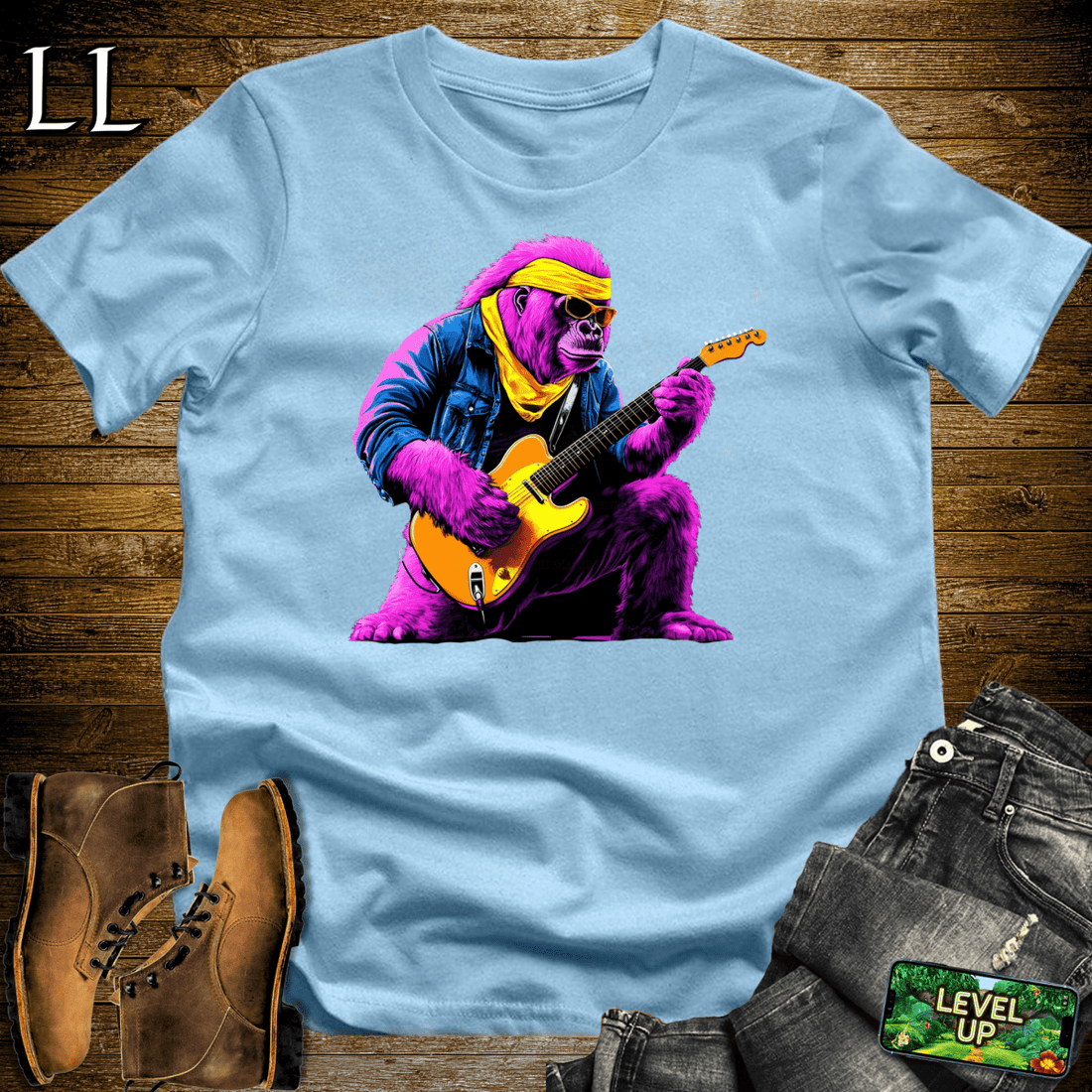 Guitar Star Gorilla Softstyle Tee Light Blue | Music Lover Shirt