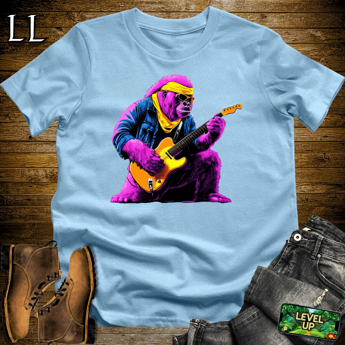 Guitar Star Gorilla Softstyle Tee Light Blue | Music Lover Shirt