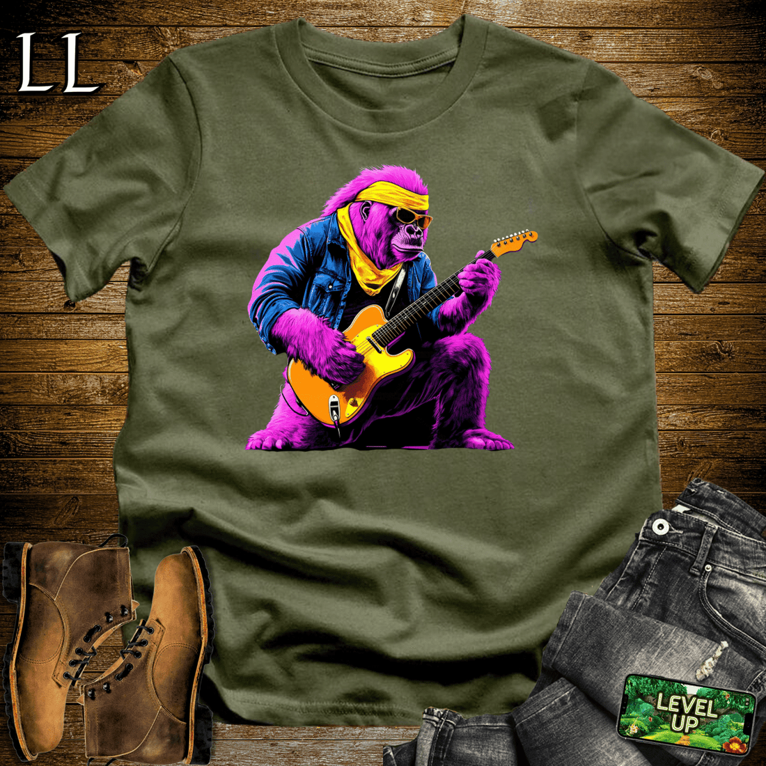 Guitar Star Gorilla Softstyle Tee Military Green | Music Lover Shirt