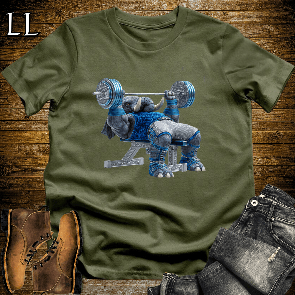 Gym Beast Bench Press Blue Elephant Military Green | Strength Training Tee