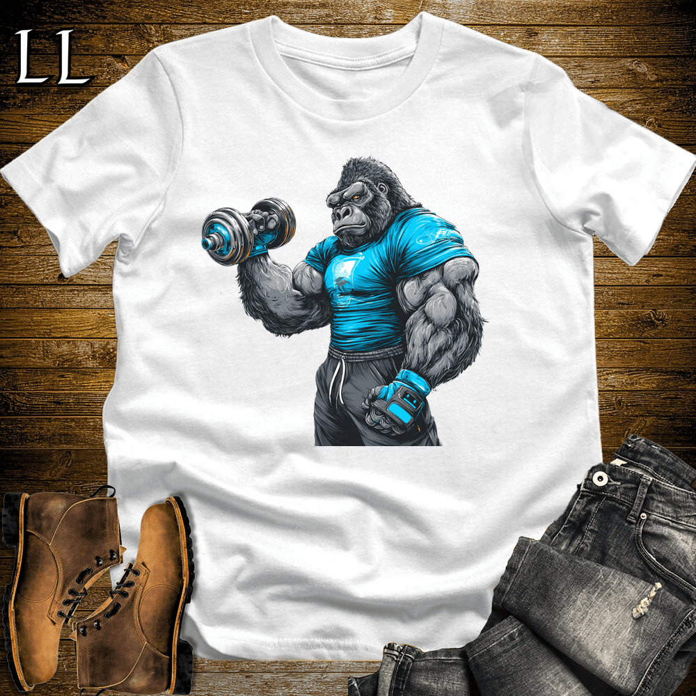Gym Beast Bicep Curl Blue Gorilla White | Gym Beast Tee