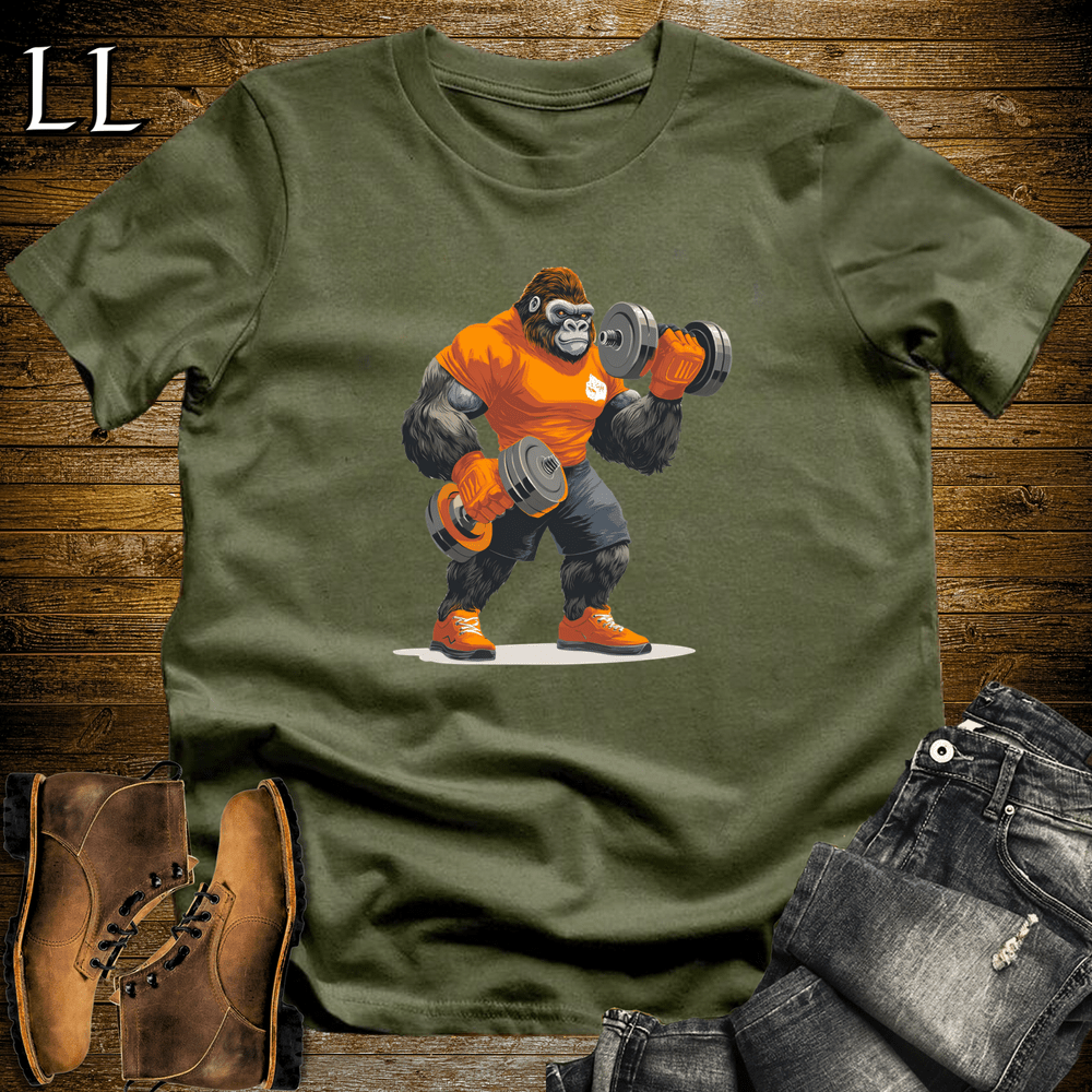 Gym Beast Bicep Curl Orange Gorilla Military Green | Workout Tee