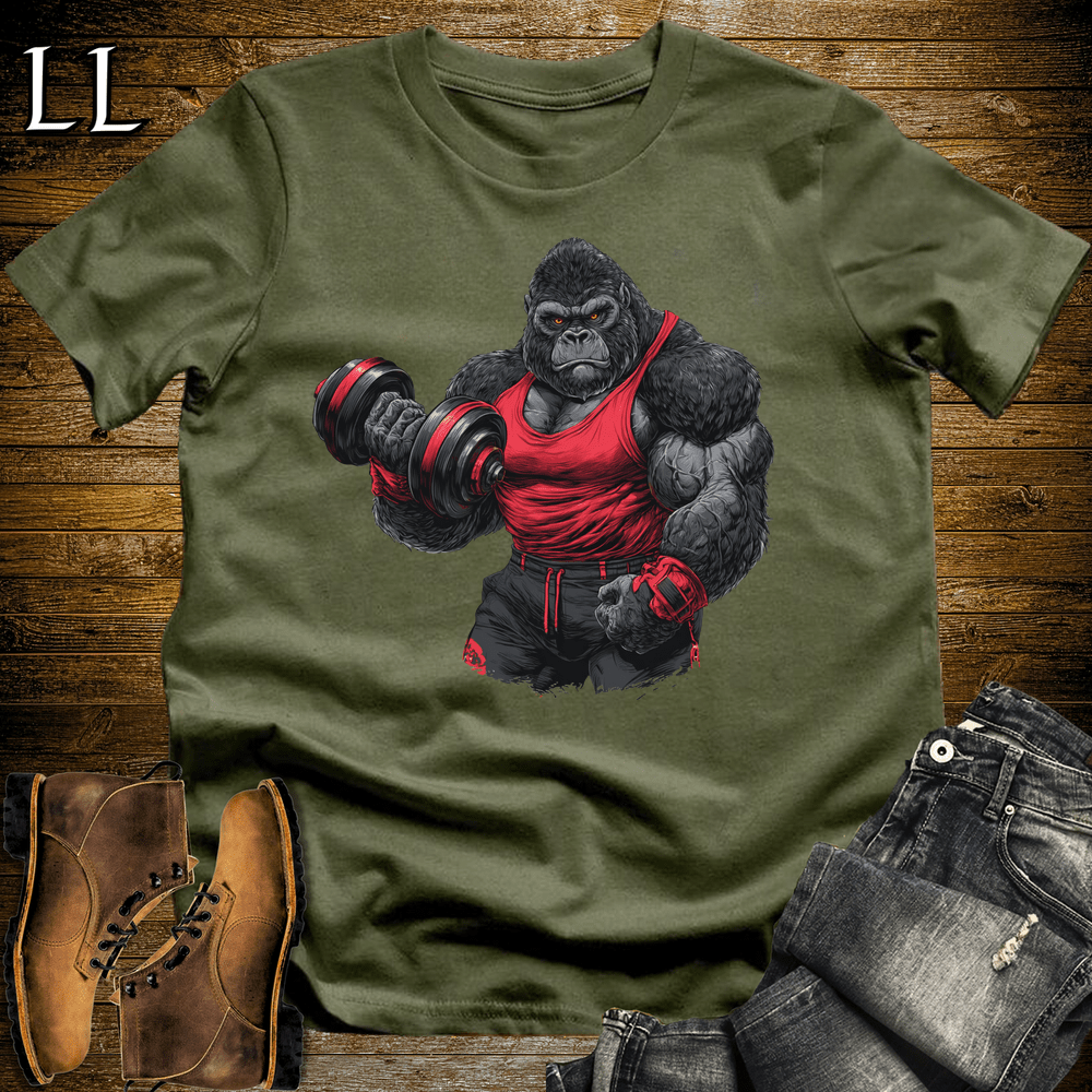 Gym Beast Bicep Curl Red Gorilla Military Green | Strength Tee