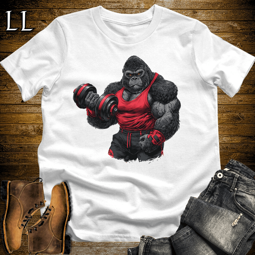 Gym Beast Bicep Curl Red Gorilla White | Strength Tee