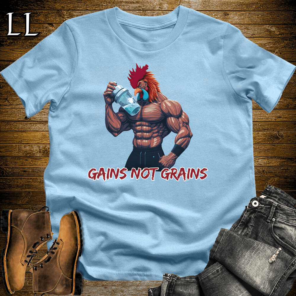 Gym Beast Gains Not Grains Light Blue | Funny Gym Motivation Tee