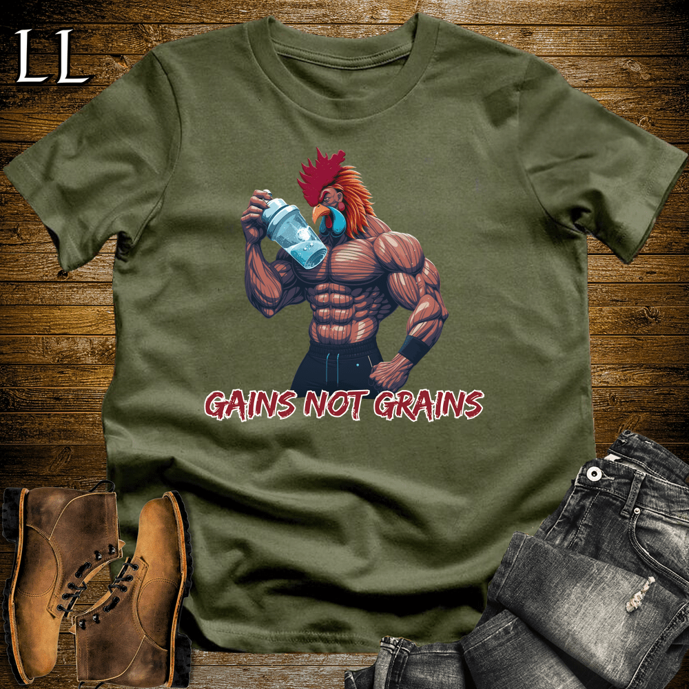 Gym Beast Gains Not Grains Military Green | Funny Gym Motivation Tee
