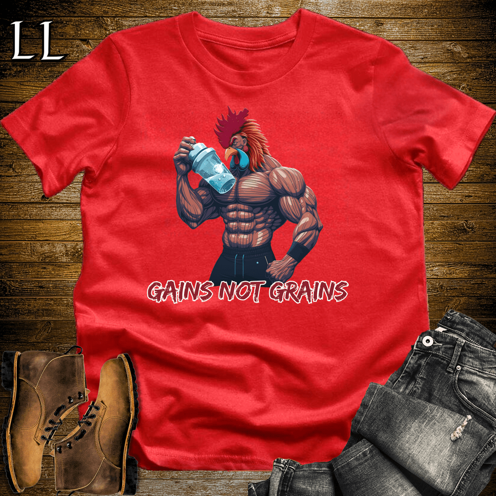 Gym Beast Gains Not Grains Red | Funny Gym Motivation Tee