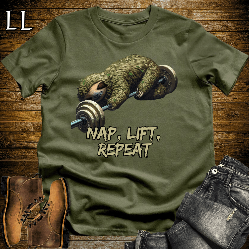 Gym Beast Nap Lift Repeat Military Green | Gym Humor Tee