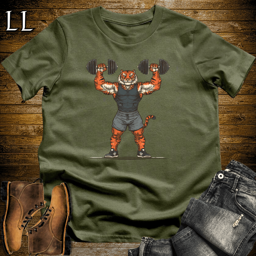 Gym Beast Shoulder Press Bengal Tiger Military Green | Tiger Gym Shirt
