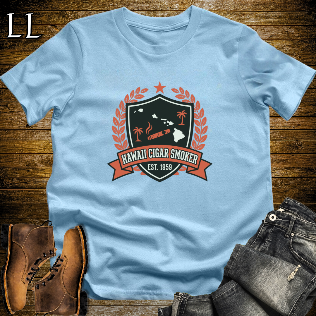 Hawaii Cigar Smoker Shield T-Shirt Light Blue | Cigar Crest Gift Shirt