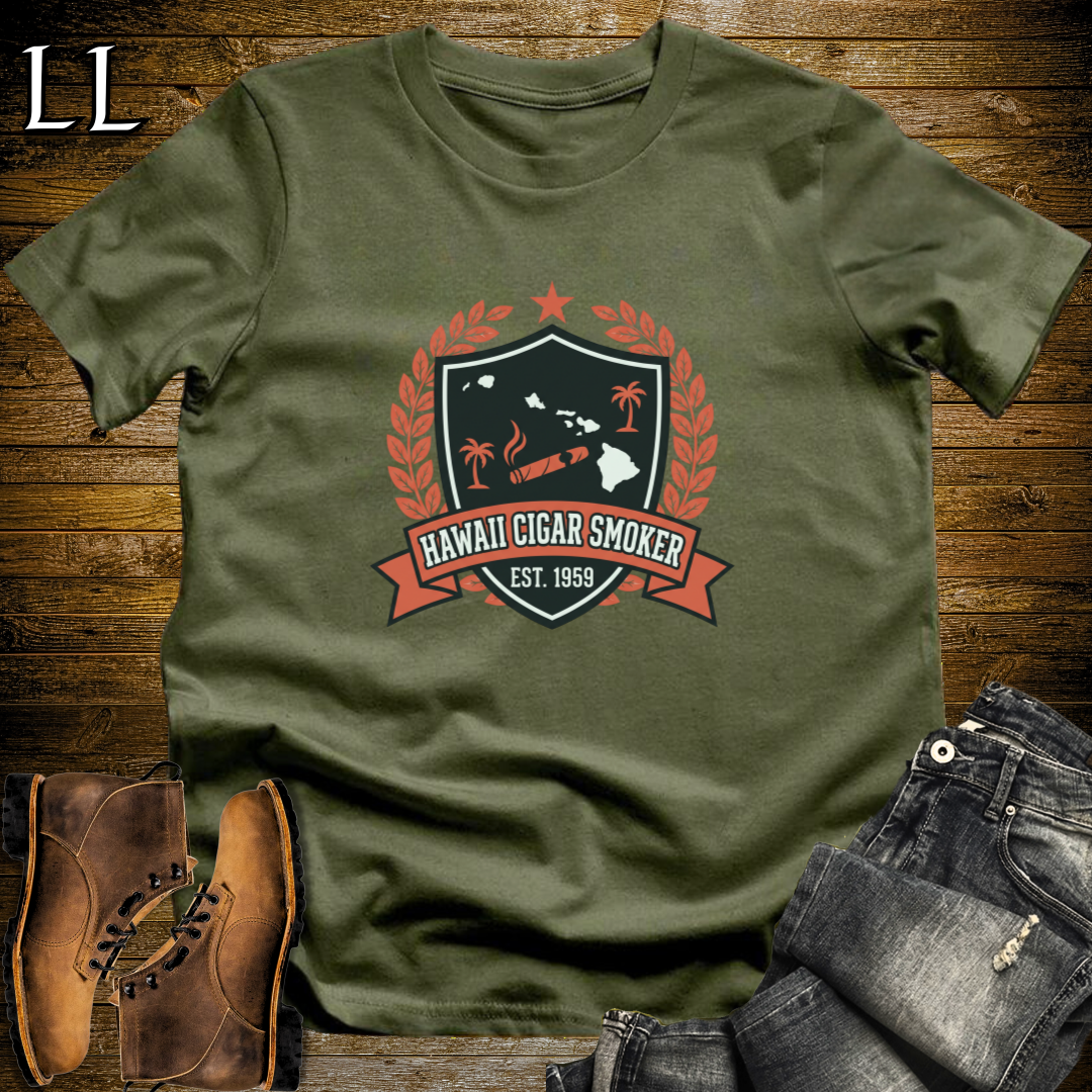 Hawaii Cigar Smoker Shield T-Shirt Military Green | Cigar Crest Gift Shirt