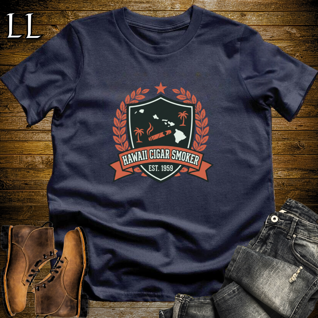 Hawaii Cigar Smoker Shield T-Shirt Navy | Cigar Crest Gift Shirt