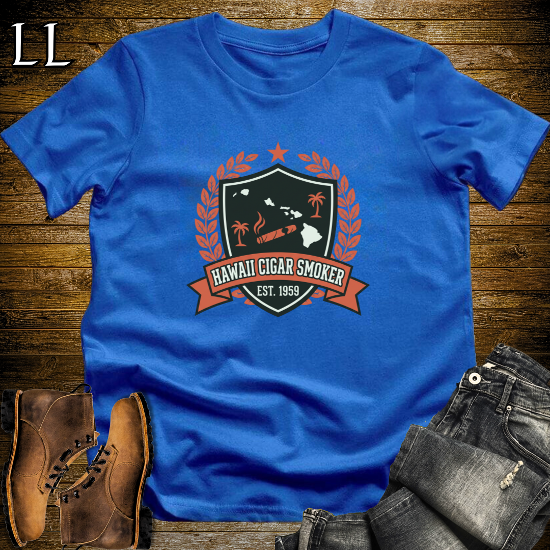 Hawaii Cigar Smoker Shield T-Shirt Royal Blue | Cigar Crest Gift Shirt