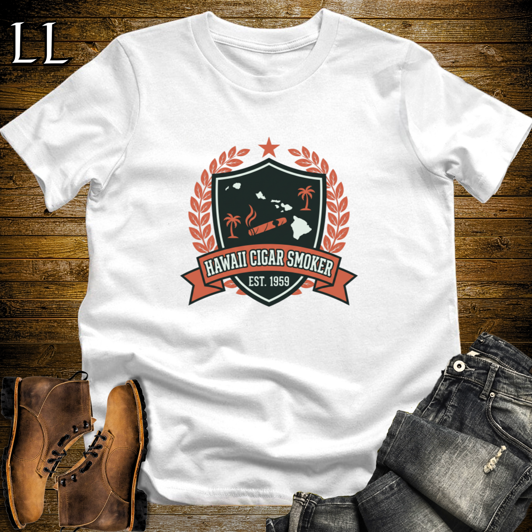 Hawaii Cigar Smoker Shield T-Shirt White | Cigar Crest Gift Shirt
