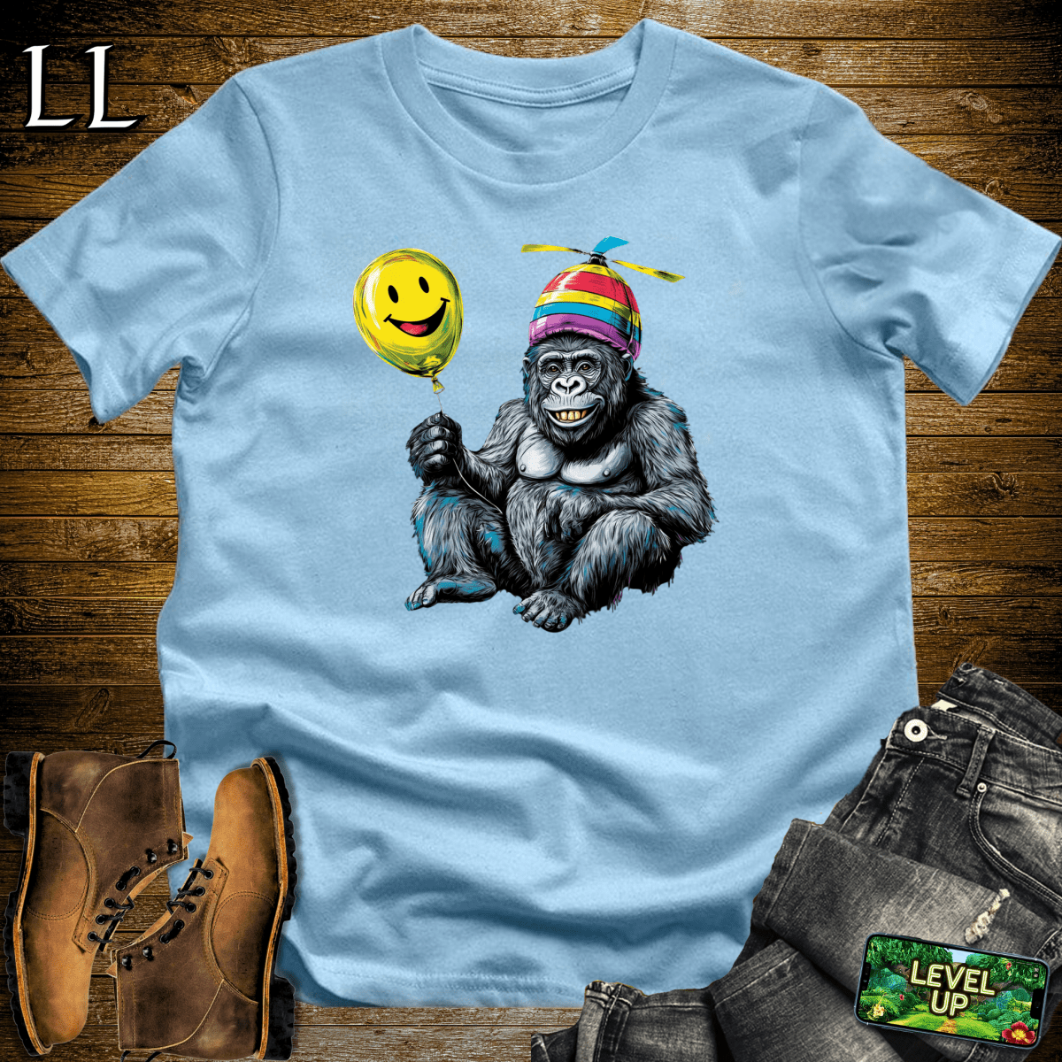 Helicopter Hat Gorilla Light Blue | Funny Shirt