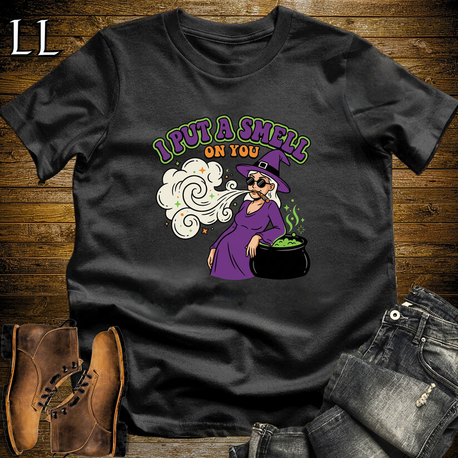 I Put a Smell on You Witch Smoke Spell Cigar White Woman T-Shirt Black | Witch Smoke Spell Cigar Tee