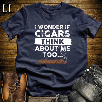 I Wonder If Cigars Think About Me T-Shirt Navy | Funny Cigar Quote Tee