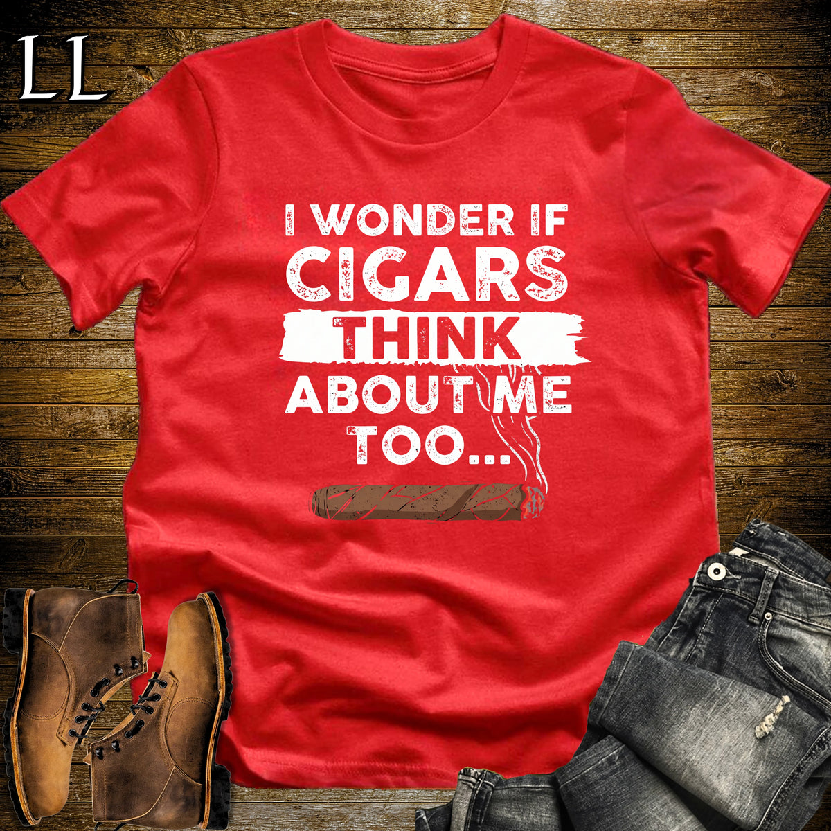 I Wonder If Cigars Think About Me T-Shirt Red | Funny Cigar Quote Tee