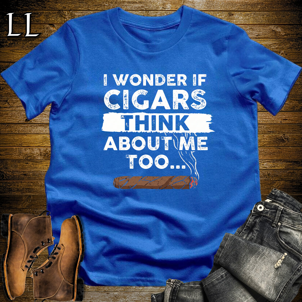 I Wonder If Cigars Think About Me T-Shirt Royal | Funny Cigar Quote Tee