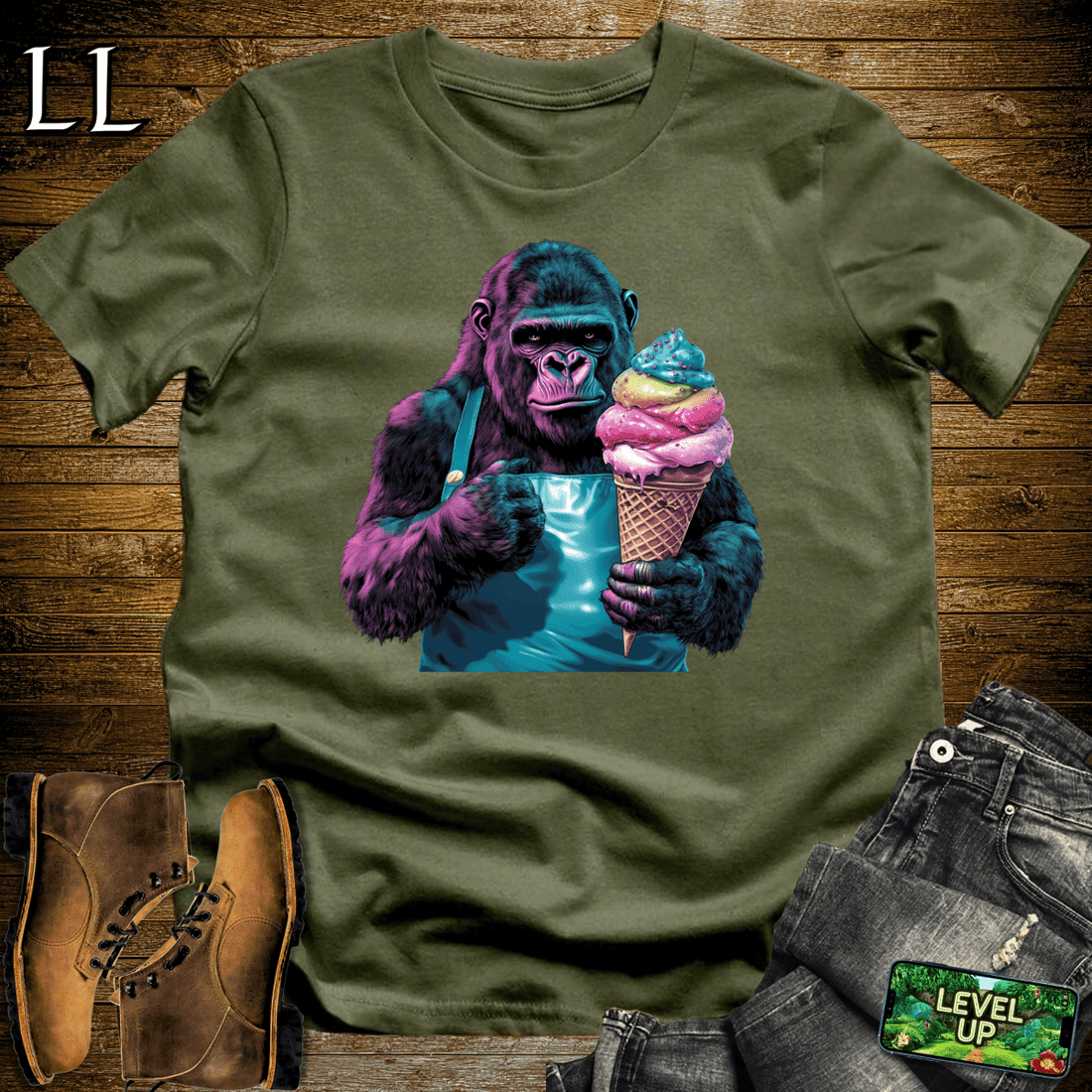 Ice Cream Gorilla Softstyle Tee Military Green | Dessert Party Tee