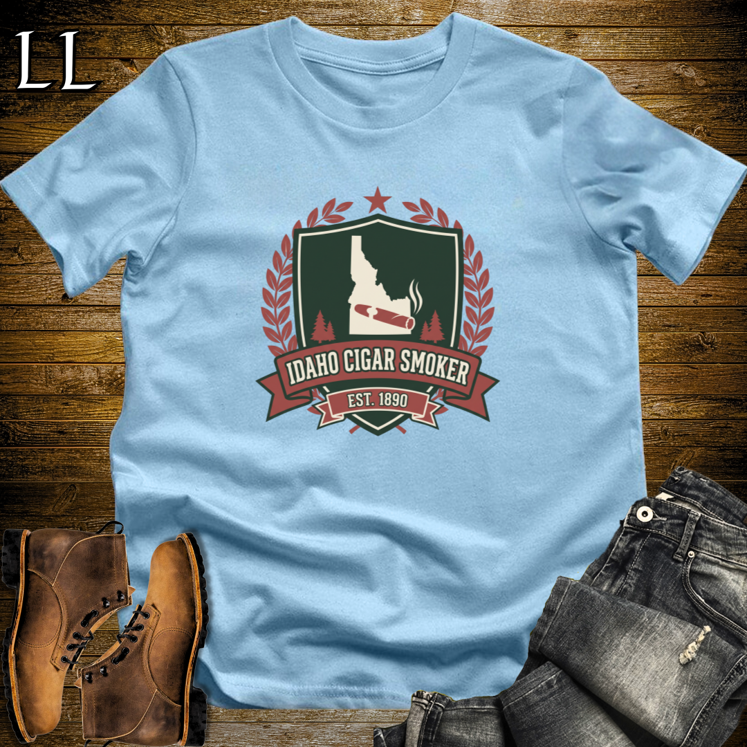 Idaho Cigar Smoker Shield T-Shirt Light Blue | Cigar Crest Gift Shirt