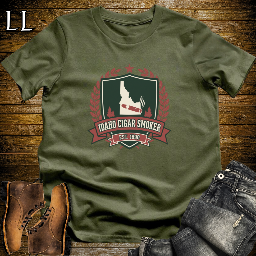 Idaho Cigar Smoker Shield T-Shirt Military Green | Cigar Crest Gift Shirt