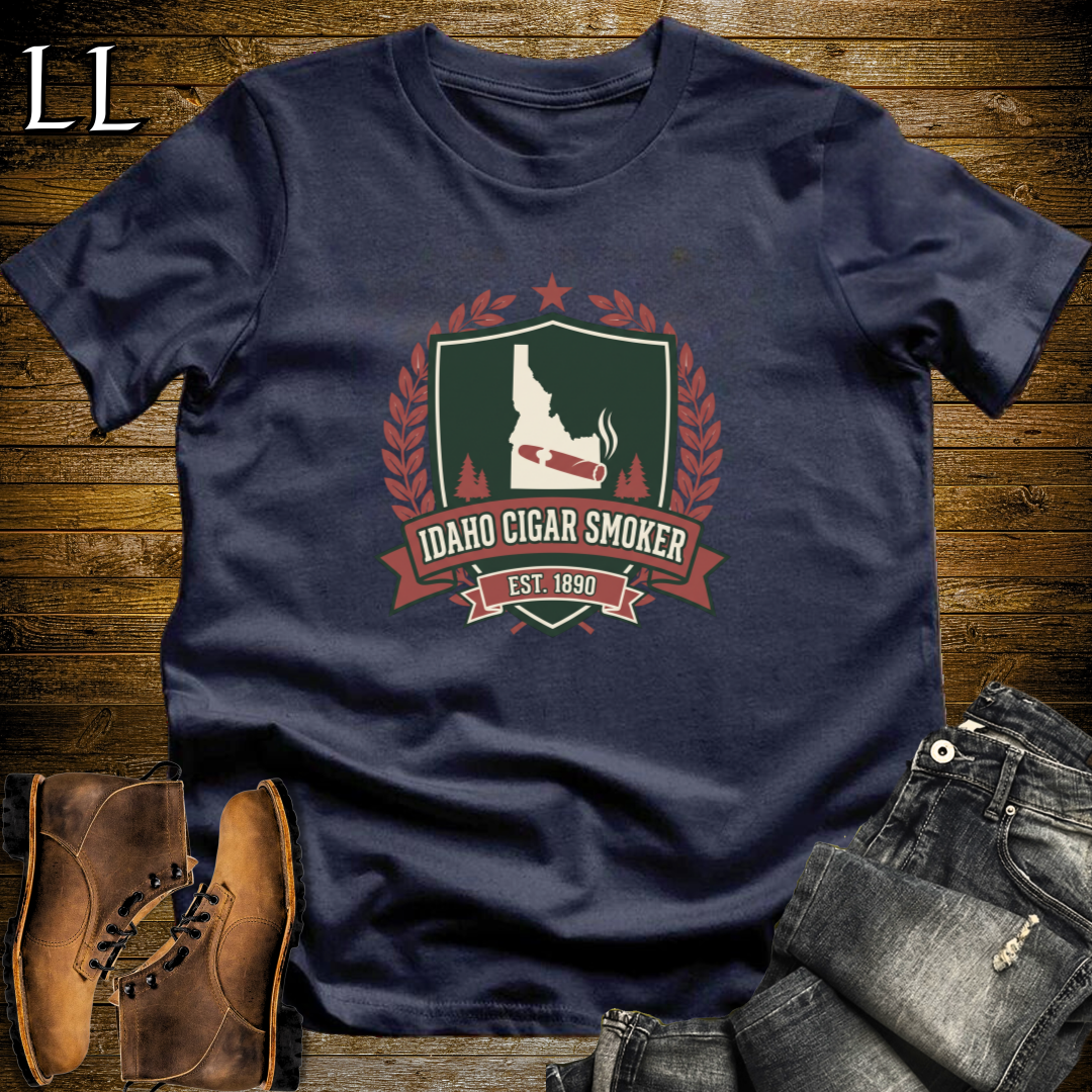 Idaho Cigar Smoker Shield T-Shirt Navy | Cigar Crest Gift Shirt
