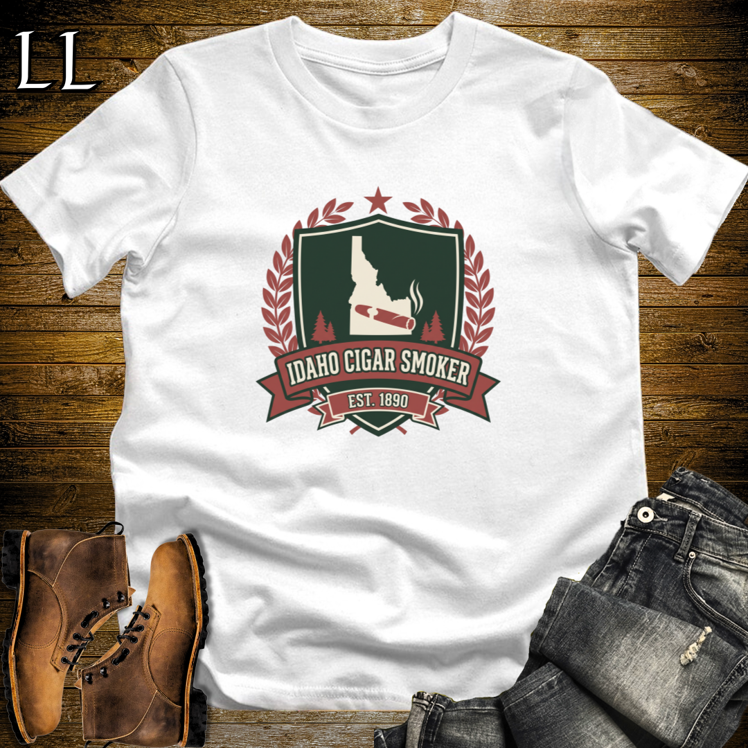 Idaho Cigar Smoker Shield T-Shirt White | Cigar Crest Gift Shirt