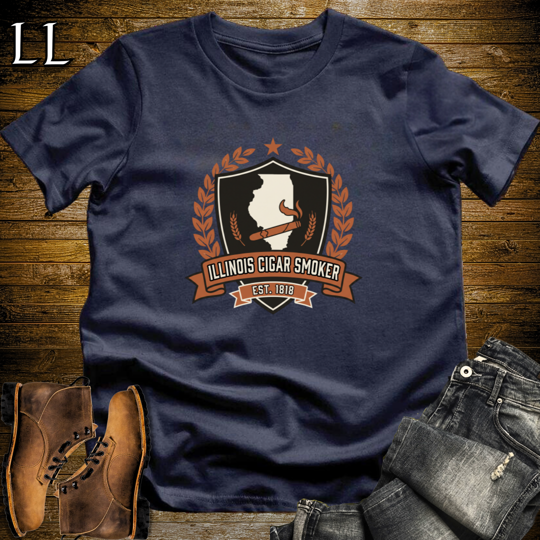 Illinois Cigar Smoker Shield T-Shirt Navy | Cigar Crest Shirt