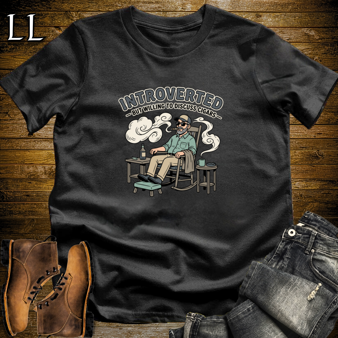 Introverted But Will Discuss Cigars 1 T-Shirt Black | Funny Cigar Lover Tee