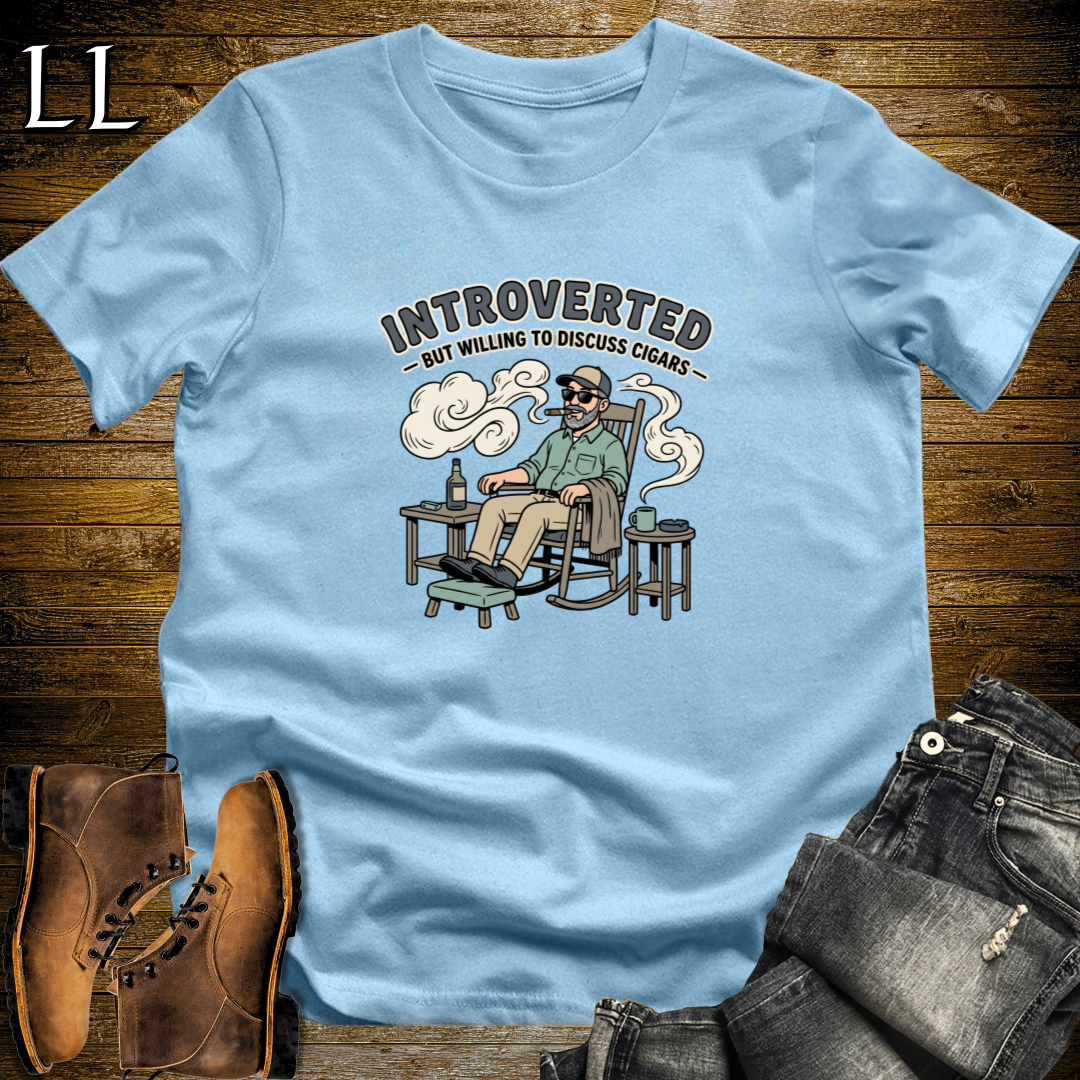 Introverted But Will Discuss Cigars 1 T-Shirt Light Blue | Funny Cigar Lover Tee