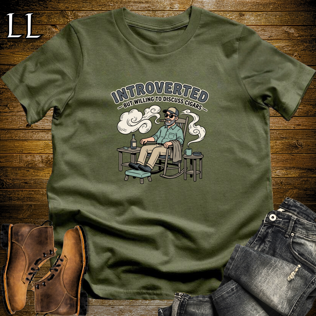 Introverted But Will Discuss Cigars 1 T-Shirt Military Green | Funny Cigar Lover Tee