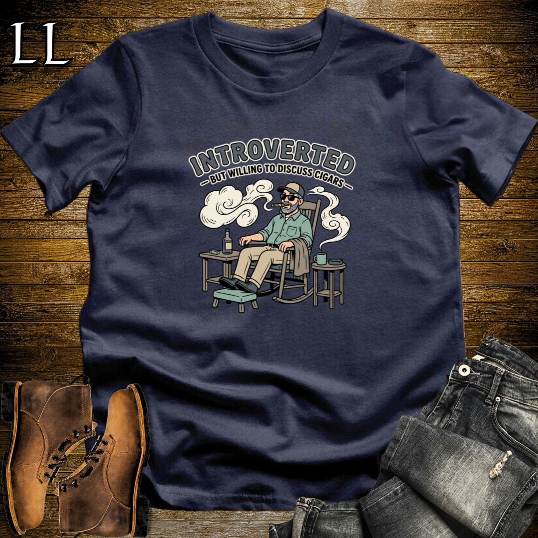Introverted But Will Discuss Cigars 1 T-Shirt Navy | Funny Cigar Lover Tee