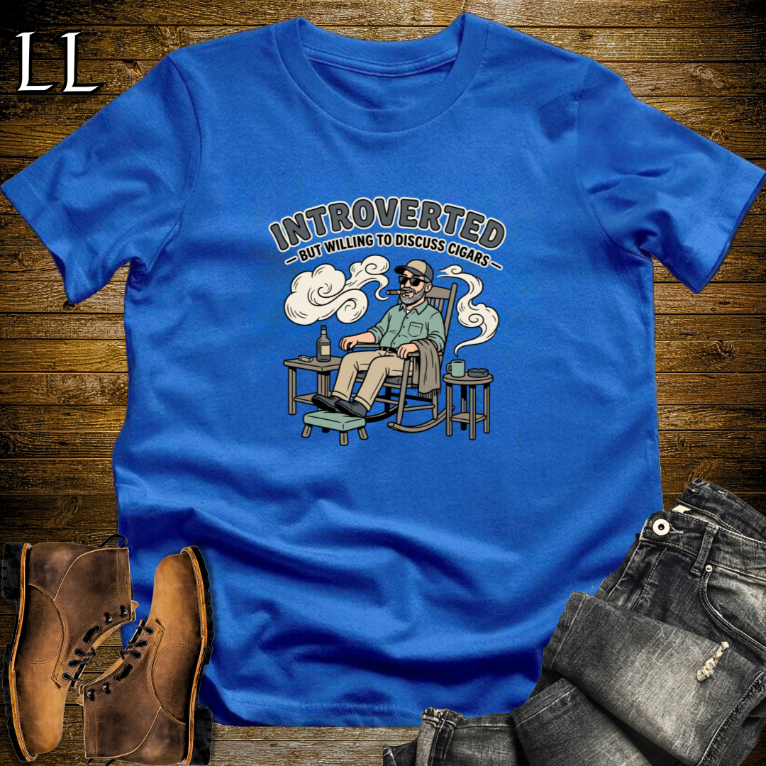 Introverted But Will Discuss Cigars 1 T-Shirt Royal Blue | Funny Cigar Lover Tee