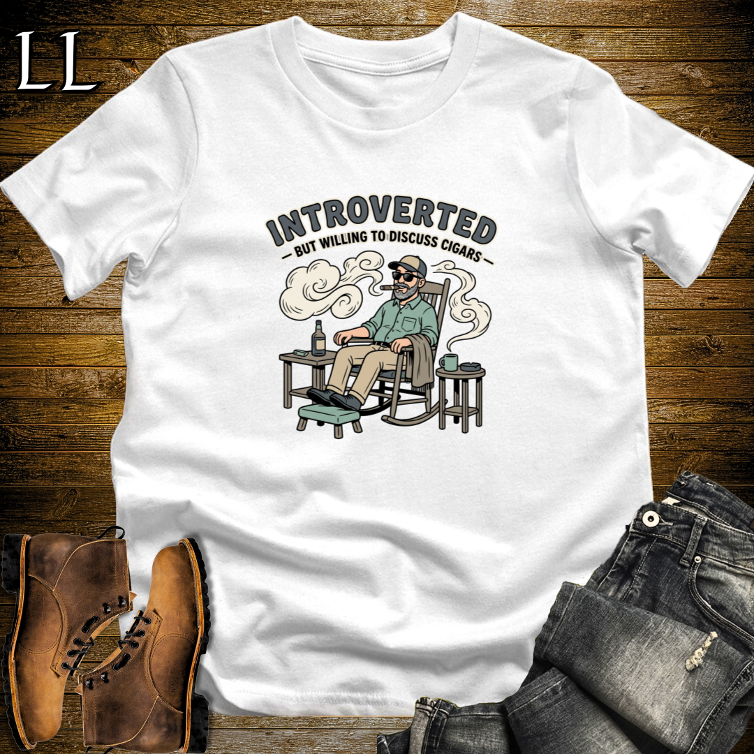 Introverted But Will Discuss Cigars 1 T-Shirt White | Funny Cigar Lover Tee