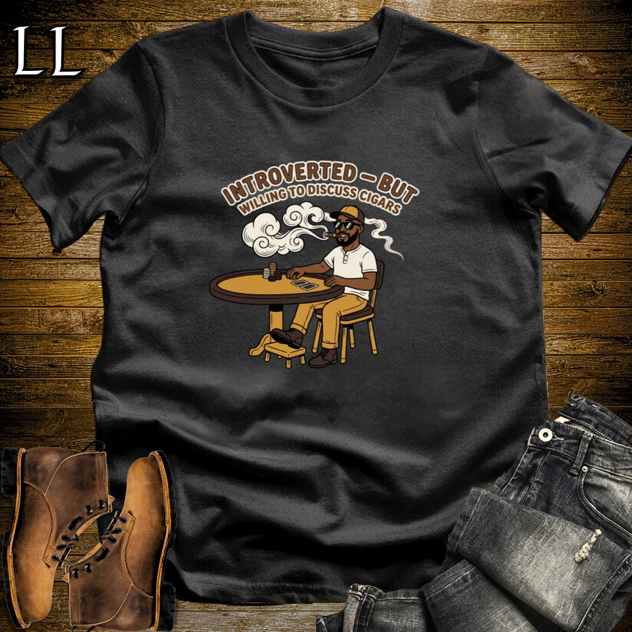 Introverted But Will Discuss Cigars 2 T-Shirt Black | Funny Introvert Cigar Shirt
