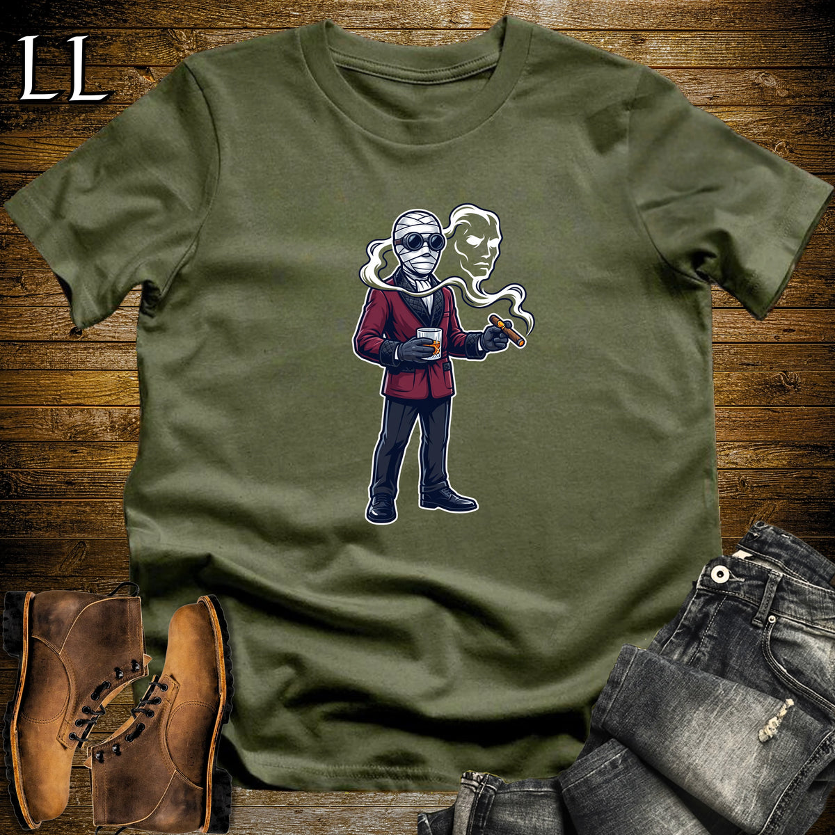 Invisible Man Scotch & Cigar T-Shirt Military Green | Cigar and Scotch Shirt