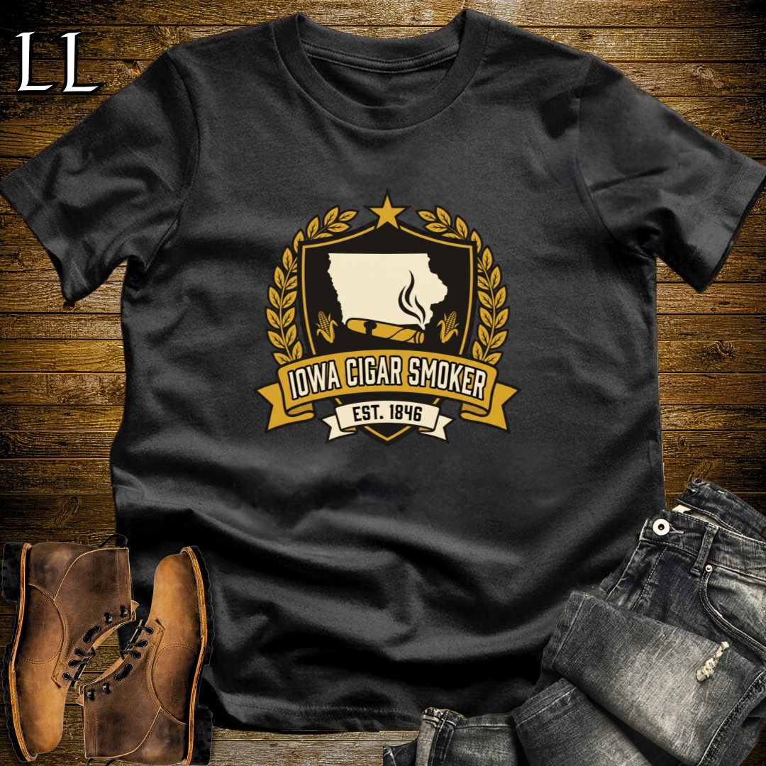 Iowa Cigar Smoker Shield T-Shirt Black | Cigar Crest Gift