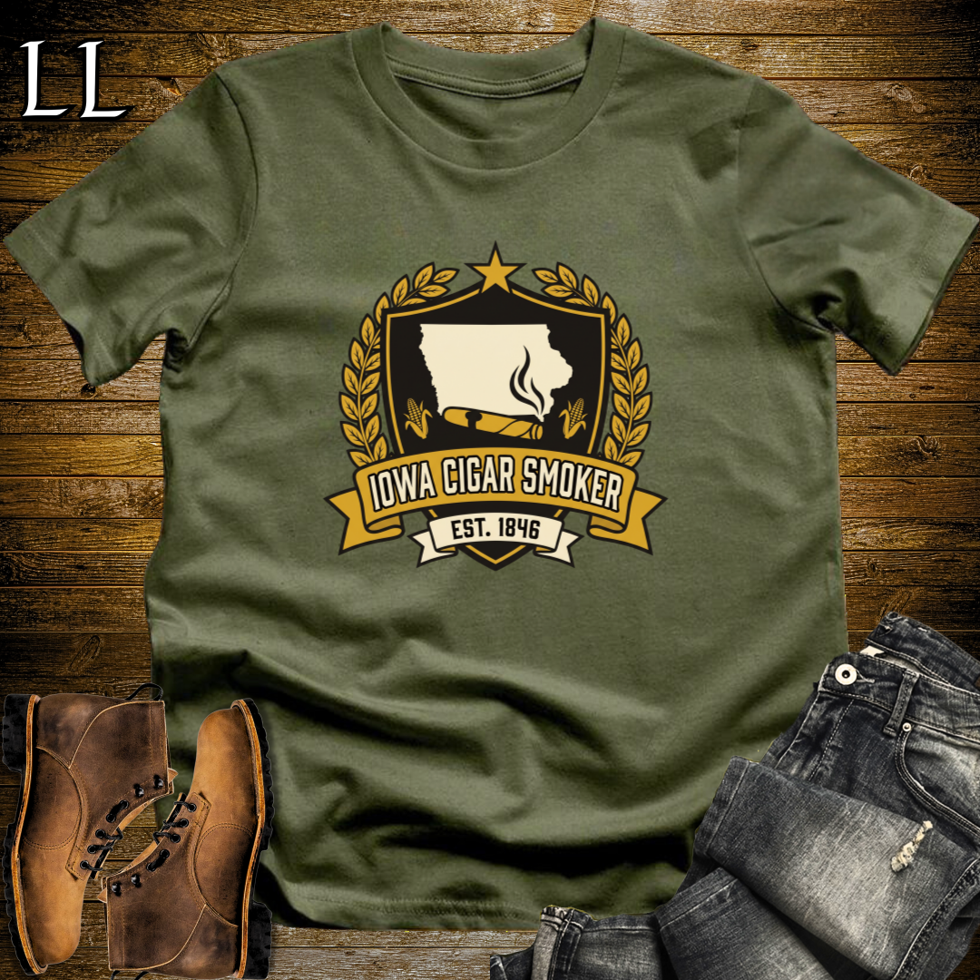 Iowa Cigar Smoker Shield T-Shirt Military Green | Cigar Crest Gift