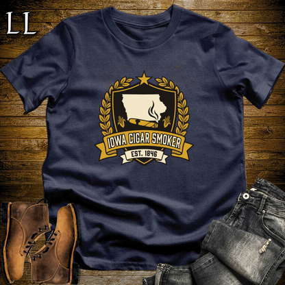 Iowa Cigar Smoker Shield T-Shirt Navy | Cigar Crest Gift