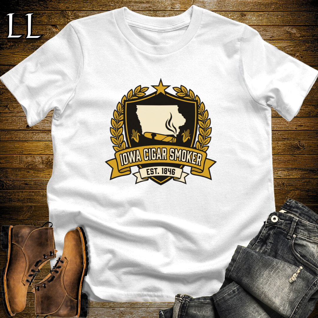 Iowa Cigar Smoker Shield T-Shirt White | Cigar Crest Gift