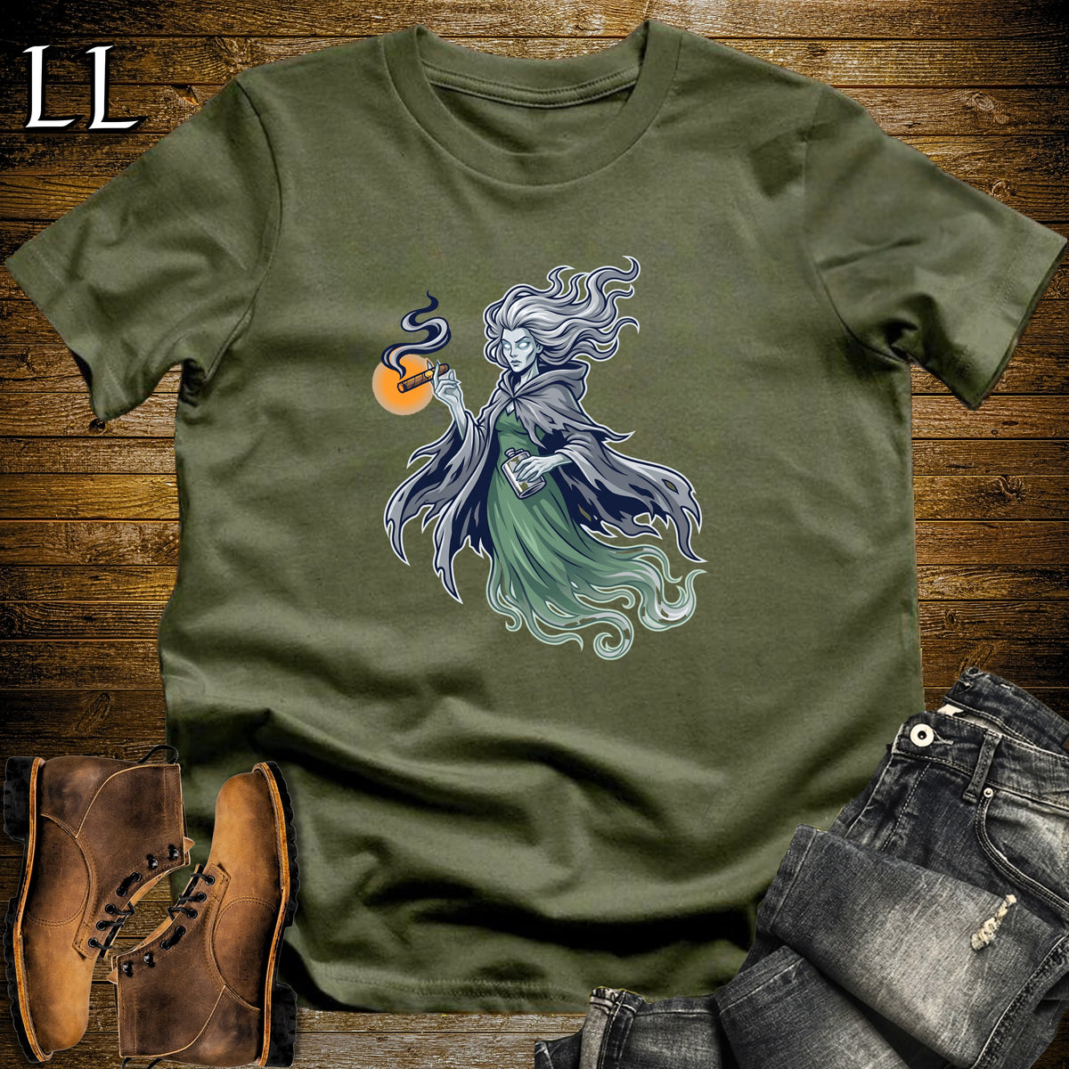 Irish Banshee Whiskey Cigar T-Shirt Military Green | Cigar Whiskey Shirt