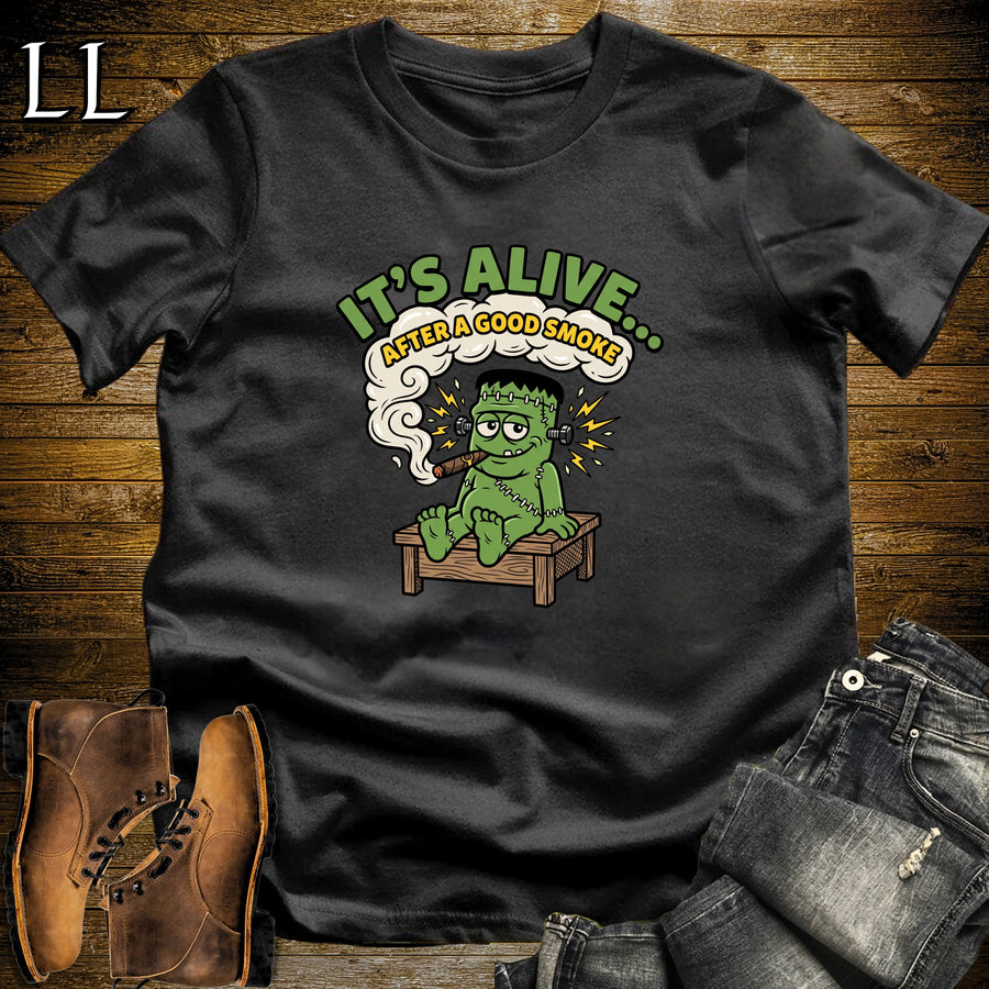 It's Alive Stitched Monster Lab Table Cigar T-Shirt Black | Halloween Cigar Shirt